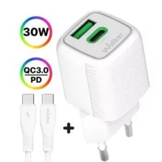 СЗУ-адаптер Walker WH-71 30W GAN (1USB / 1Type-C) + кабель Type-C - Type-C (Білий)